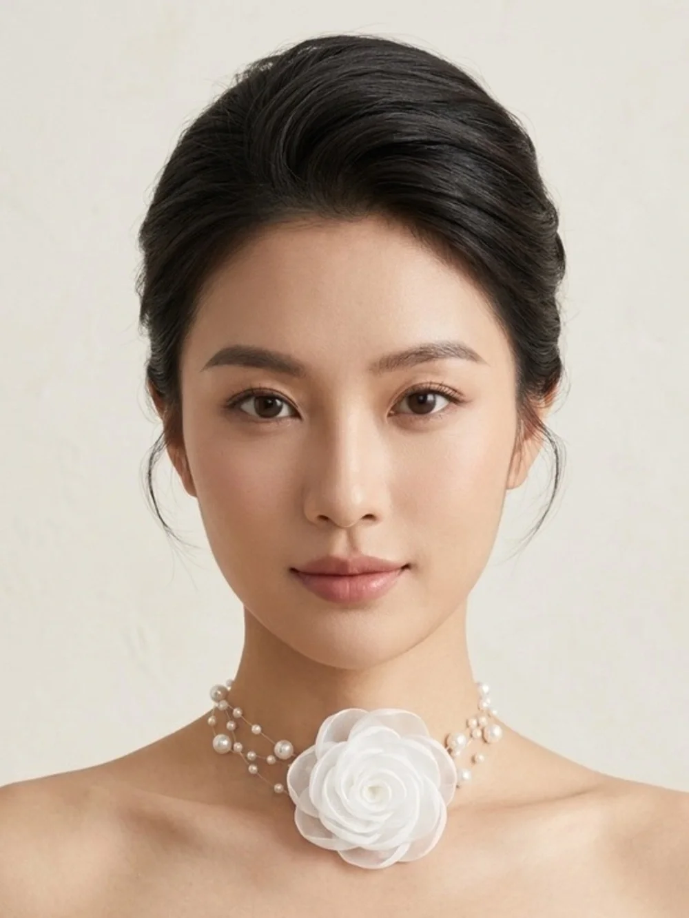 White Pearl Multi-Strand Choker Necklace with Fabric Rose Accent - Picture 1 of 3